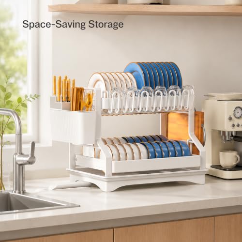 Fandian Dish Drying Rack 2 Tier White Dish Racks for Kitchen Counter and Sink, Large Dish Drying Rack with Drainboard & Utensil Holders Stainless Steel Dish Drainers Kitchen Organization and Storage - color: Ceramic White Dish Racks