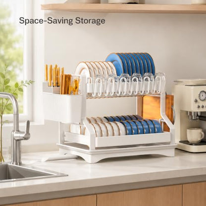 Fandian Dish Drying Rack 2 Tier White Dish Racks for Kitchen Counter and Sink, Large Dish Drying Rack with Drainboard & Utensil Holders Stainless Steel Dish Drainers Kitchen Organization and Storage - color: Ceramic White Dish Racks