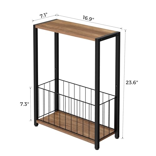 Homleke Narrow Side Table with Magazine Holder, Skinny End Table | Space-Saving Design, Small Spaces, Storage Shelf, Metal Frame, Easy Assembly, 7.1" D x 16.9" W x 23.6" H, Rustic Walnut - color: Rustic Walnut - Standard