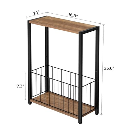 Homleke Narrow Side Table with Magazine Holder, Skinny End Table | Space-Saving Design, Small Spaces, Storage Shelf, Metal Frame, Easy Assembly, 7.1" D x 16.9" W x 23.6" H, Rustic Walnut - color: Rustic Walnut - Standard