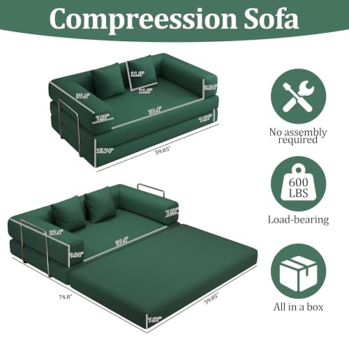 59.0 Inch Convertible Sofa Bed, 4-in-1Futon Sofas Bed Pull Out Sleeper Couch, Modern Deep Seat Sofa for Living Room, Corduroy Boneless Couches for Bedroom, Apartment, No Assembly (Green, 59” 2 Seat) - color: Green, size: 59” 2 Seat