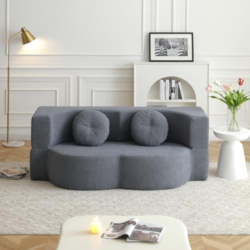 76" Convertible Folding Futon Sofa Bed, Queen Sleeper Sofa with Pillow, Teddy Floor & Futon Loveseat Couch, Foam Folding Mattress Sleeper for Living Room, Guest Use, Apartment, No Assembly (Grey) - color: Grey