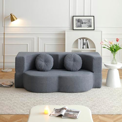 76" Convertible Folding Futon Sofa Bed, Queen Sleeper Sofa with Pillow, Teddy Floor & Futon Loveseat Couch, Foam Folding Mattress Sleeper for Living Room, Guest Use, Apartment, No Assembly (Grey) - color: Grey