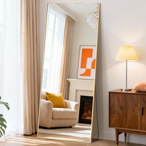 DUMOS 68"x26" Full Length Mirror, Full Body Mirror, Gold | Aluminum Alloy Thin Frame, Leaning or Hanging, Suitable for Bedroom, Livingroom, Cloakroom - color: Gold-rect, size: 68"L x 26"W