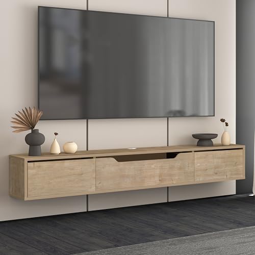 Atelier Mobili Floating TV Stand for Up to 80 Inch TVs – Wall Mounted Media Console with Handle-Free Doors – Modern Entertainment Center with Hidden Storage – White and Oak Finishes (Oak) - color: Oak