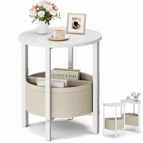 Side Table, Small Round End Table, Tall Accent Table with Storage Basket, Set of 2 Half Round Coffee Tables Half Moon Tables, Bedside Table, Modern Nightstand for Living Room Bedroom, White - color: White