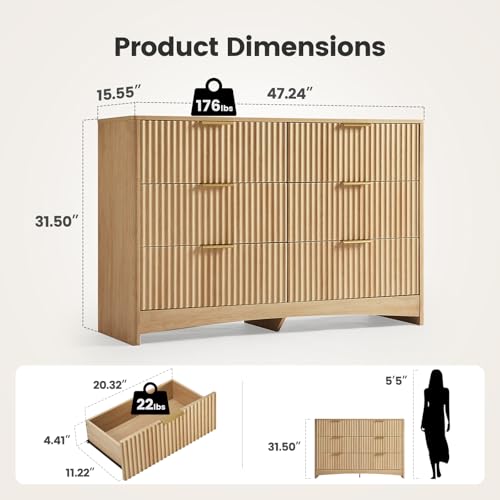 Amada Fluted 6 Drawer Dresser, Modern Wood Chest of Drawers with Rounded Corners, Pre-Installed Drawer Slides, Dresser TV Stand and Storage Organizer for Bedroom, Nursery, Natural Oak - color: Natural Oak, size: 15.5"D x 47.2"W x 31.5"H (6 Drawers)