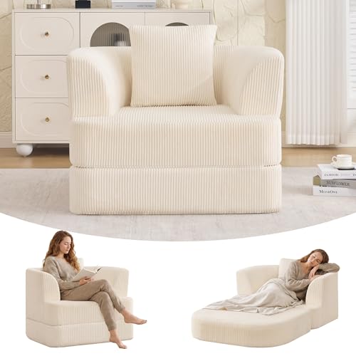 HUBSON 2-in-1 Folding Sofa Bed, Corduroy Convertible Single Sleeper Chair Bed, Modern Boneless Foldable Couch, High-Density Foam Lounge Chair for Living Room, Bedroom, No Assembly Required, Beige - color: Beige