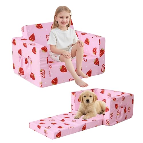 lasoftan Toddler Couch, 2-in-1 Soft Kids Couch Bed Fold Out, Toddler Chairs Comfy for Boys & Girls, Convertible Kids Sofa to Lounge for Playroom, Gift for Birthday, Children's Day - Pink Strawberry - color: Pink Strawberry