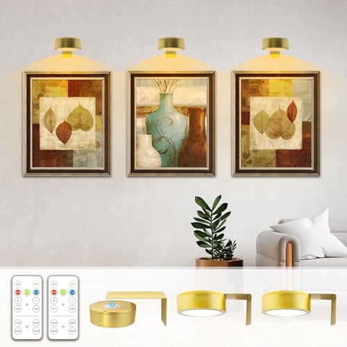Arixinks Battery Picture Light 3Pack Gold,Wireless Painting Light with Remote,3 Lighting&Dimmable,Wall Art for Painting Accent Light &Timer for Pictures Frames Gallery Potrait Magnetic - color: Gold, size: 3PACK
