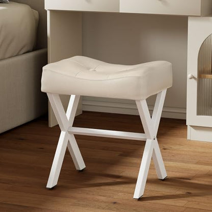 18-Inch Leather Vanity Stool Chair, Beige Makeup Stool | Vanity Bench, Metal X-Leg, Ottoman Accent Stool, Thick Padded Saddle Seat, 300 LBS, 16.3"x12.4"x18", For Living Room Bedroom - size: Small, style: Beige Leather