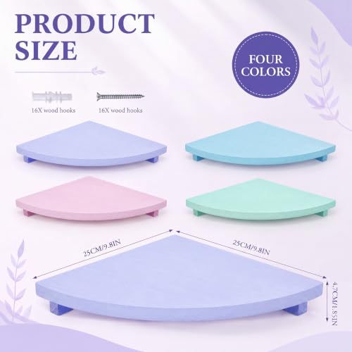 RattanView Corner Floating Shelves Set of 4 Macaron Corner Shelf Wall Mount | 9.8inch Colorful Rounded Shelves for Bathroom Bedroom Kitchen, Cute Wood Corner Shelves for Small Spaces Apartment Decor - color: Macaron