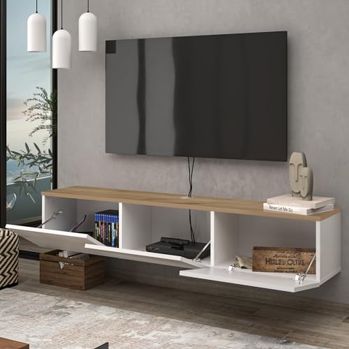Atelier Mobili Floating TV Stand - Wall Mounted, Supports up to 80 inch TV, Modern White Entertainment Center for Living Room, White Floating TV Stand with Oak Counter Design - color: White & Sapphire Oak