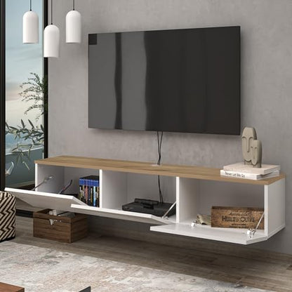 Atelier Mobili Floating TV Stand - Wall Mounted, Supports up to 80 inch TV, Modern White Entertainment Center for Living Room, White Floating TV Stand with Oak Counter Design - color: White & Sapphire Oak