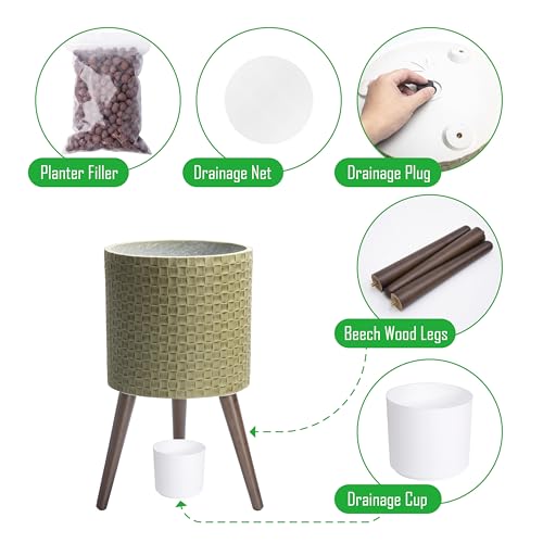 D'vine Dev Planter Pot with Wood Stand, 12 in, Distressed Olive, 88-Z-C-4 | Mid-Century Modern Style, Elevated Plant Display, Drainage Hole and Plug, Functional & Stylish, Modern Indoor Planter - color: Distressed Olive, size: Large