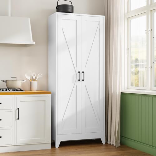 75" H Metal Storage Cabinet with 2 Doors and 4 Shelves,Tall Kitchen Pantry Cabinets,Farmhouse Utility Pantry Organizers for Cupboard/Dining/Bathroom/Home Office/Garage,White - color: White, size: 16” D x 32” W x 75” H