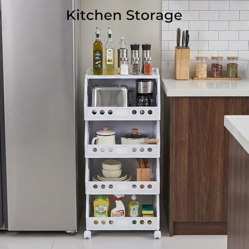 UFORU 4 Tier Rolling Storage Cart,Plastic Open Storage Basket with Wheels | Rolling Storage Shelf for Kitchen,Bathroom,Bedroom and Living Room,Versatile Home Organization for Books,Toys