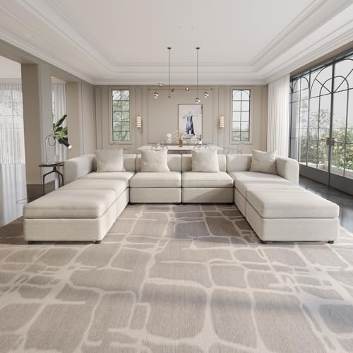 135.8" Velvet Sectional Sofa with 4 Pillows, Convertible U-Shaped Couch with Cushions Oversized 8 Seaters Sofa Couch with 4 Storage Ottoman for Living Room, Beige - size: 8 Seaters(With Ottoman)