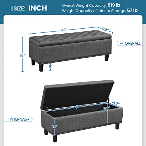 Yaheetech 49in Square Storage Ottoman Coffee Table with Nailhead, Dark Gray | Button-Tufted Linen-Look Fabric Bench, 3.5C Storage Space, Wood Legs, Metal Hinges, for Bedroom Foot of Bed Living Room - size: 17.5"D x 49"W x 18"H