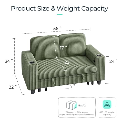 LINSY HOME Loveseat Sofa with Storage - Comfy Plush Corduroy 2 Seater Sofa with USB Charging & Cup Holders, Deep Seat Love Seat for Small Spaces Living Room Bedroom Apartment, Green - color: Green