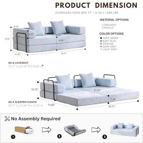 Alpen 77" Futon Couch Bed, 4-in-1 Convertible Sleeper Queen with L-Shaped Armrests, Floor Couch Beds, Lazy Sofa for Living Room Bedroom, Apartment, Light Blue - color: Blue-chenille