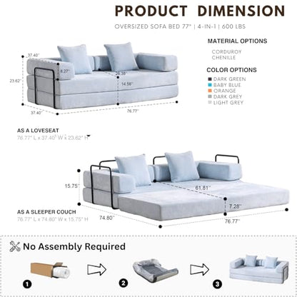 Alpen 77" Futon Couch Bed, 4-in-1 Convertible Sleeper Queen with L-Shaped Armrests, Floor Couch Beds, Lazy Sofa for Living Room Bedroom, Apartment, Light Blue - color: Blue-chenille