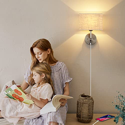 Plug in Wall Sconce with Dimmer Switch and USB Port，1-Light 9.5“Rectangular Linen Fabric Shade，Bedside Wall Lamp Satin Nickel Finish，Wall Lamps Perfect for Bedroom, Living Room and Hotel - color: Silver