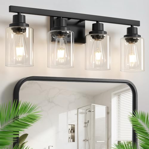 4-Light Bathroom Vanity Light, Modern Matte Black Wall Sconce Lighting with Clear Glass Shade, Bathroom Lighting Fixtures Over Mirror,Vintage Wall Mounted Lamps for Mirror Bedroom,Living Room - color: Black, size: 4-light