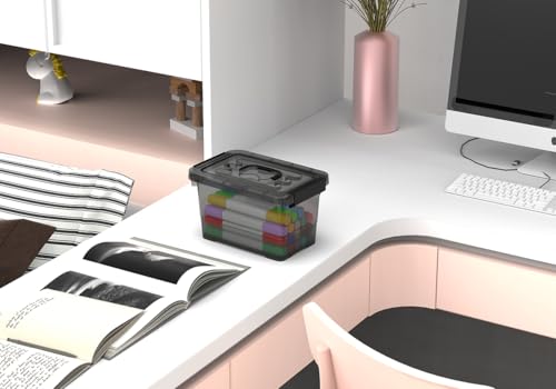 Plastic Storage Bins with Lids 5-Pack Storage Organizer, 4 Quart Stackable Storage Bins with Buckle Lids and Handle easy for Home Office Pantry Organization, Clear Black