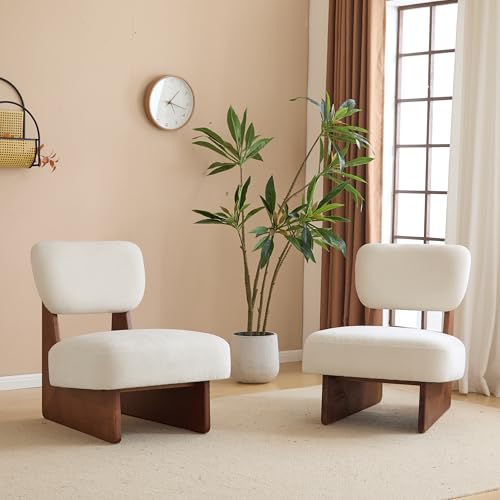 Christopher Knight Home Mores Low Profile Accent Chair Set of 2, Modern Living Room Armless Lounge Chair, Fabric Comfy Reading Chair for Bedroom, Wooden Frame and Thick Padded Seat, White+Walnut - color: Walnut+white C