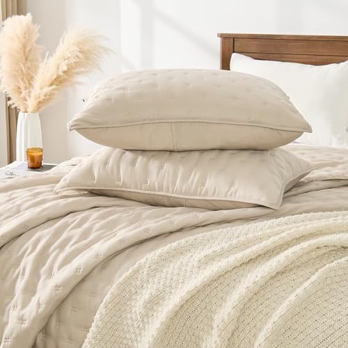 EMME Quilts Queen Size Bedding Sets, Beige Bedspread Soft Lightweight Pre-Washed Quilt, 3 Piece Cozy Reversible Microfiber Ultrasonic Coverlet with Pillow Sham (Leaf Pattern,90"x90") - color: 05-beige (Leaf), size: Full/Queen(90" x 90")