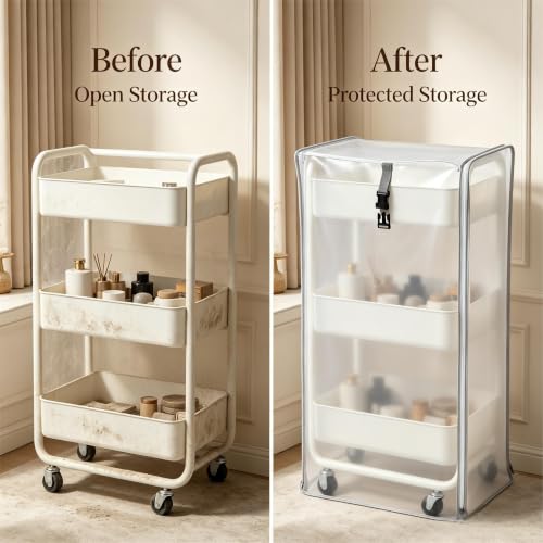 Utility Cart Cover Heavy Duty Dustproof Fits 17x13x31in Supply Cart | Frosted semi-transparent PVC cover keeps cart contents visible yet neat, moisture, and daily home clutter buildup - color: Frosted