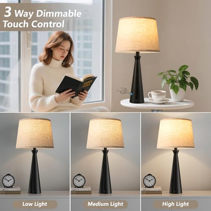 Modern Touch Lamps for Nightstand, 3 Way Dimmable Bedroom Lamp Set of 2 | USB C+A Charging Ports, Black Bedside Lamps for Bedroom, Living Room, End Table, Bed Side, LED Bulb Included - color: E. Black Base-Beige Shade