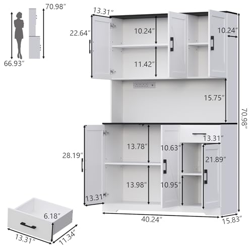 Gyfimoie 71’’ Farmhouse Kitchen Pantry Cabinet, Tall Storage Cabinet with Power Outlet, Freestanding Hutch with Drawer, 4 Adjustable Shelf & 6 Doors for Kitchen Living Room (White) - color: White