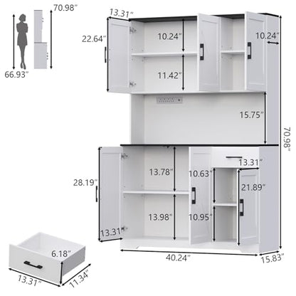 Gyfimoie 71’’ Farmhouse Kitchen Pantry Cabinet, Tall Storage Cabinet with Power Outlet, Freestanding Hutch with Drawer, 4 Adjustable Shelf & 6 Doors for Kitchen Living Room (White) - color: White