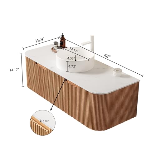 48” Floating Bathroom Vanity with Sink, Fluted Wall-Mounted Solid Wood Cabinet, White Ceramic Round Basin, Faux Marble Top, Soft-Close Drawer, Pre-Assembled, Natural Woodgrain - color: 02 - Natural Woodgrain, size: 48"