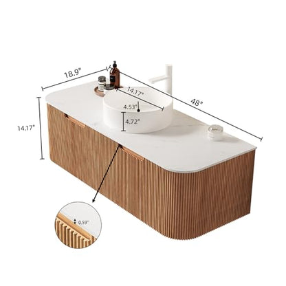 48” Floating Bathroom Vanity with Sink, Fluted Wall-Mounted Solid Wood Cabinet, White Ceramic Round Basin, Faux Marble Top, Soft-Close Drawer, Pre-Assembled, Natural Woodgrain - color: 02 - Natural Woodgrain, size: 48"