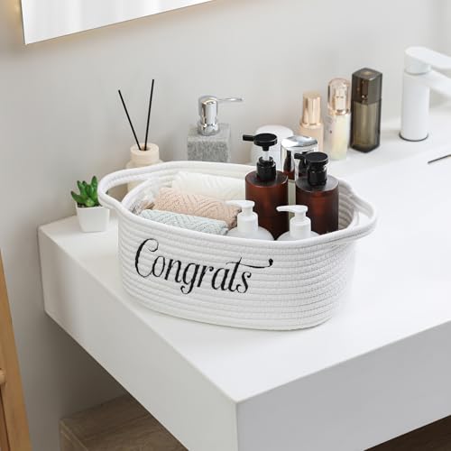 Gift Basket Empty small woven cute Rope baby basket- Gifts for Mom Shower | baby basket- Gifts for Mom Shower Birthdays wedding wicker Cotton Storage Basket for Dog Toys Shelf Easter Basket - color: White-Congrats‌