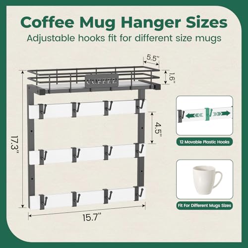 EsLuker.ly Coffee Mug Holder Cup Hanger Wall Mounted Display Rack | Metal Organizer with 12 Movable Plastic Hooks, Wood Rustic Shelf for Coffee Bar Home Kitchen, Thoughtful Wall Storage, White - style: 12 Movable Hooks White Style