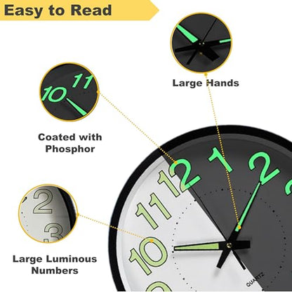 12 Inches Night Light Wall Clocks - with Silent Non-Ticking Glowing Function - Big Solid Numbers Easy to Read Both Day and Night - color: White/Black