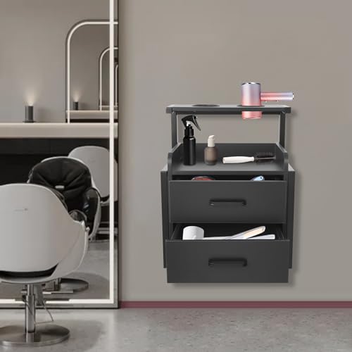 Suspended Salon Station for Hair Stylist, Wall Mounted Styling Salon Station Storage Cabinet w/2*Drawers &Hair Dryer Stand,Floating Nightstand Stylist Storage Cabinet for Home (Black)