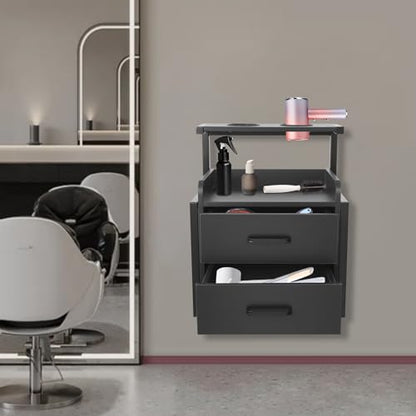 Suspended Salon Station for Hair Stylist, Wall Mounted Styling Salon Station Storage Cabinet w/2*Drawers &Hair Dryer Stand,Floating Nightstand Stylist Storage Cabinet for Home (Black)