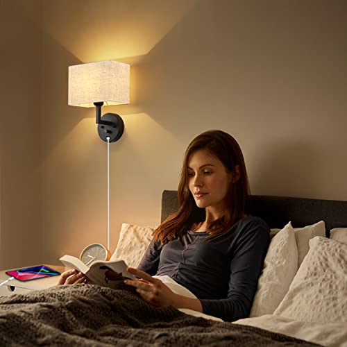 Plug in Wall Sconce with Dimmer Switch and USB Port，9.5“Rectangular Linen Fabric Shade，Bedside Wall Lamp Matte Black Finish，Wall Lamp Perfect for Bedroom, Living Room and Hotel. E26 Base - color: Black
