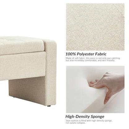 55" Modern Upholstered Storage Bench with Tufted Seat, Fabric Ottoman Bench for Bedroom, Entryway, or Living Room, Soft Close Hinge,Linen - color: Linen