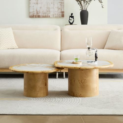 Nesting Coffee Table Set of 2 with Sintered Tabletop, Natural | 29.13" & 23.38" Modern Irregular Kitchen Table, Burl Wood Veneer, Sturdy MDF Pedestal Base for living Room, Easy Assembly - color: 29.13" & 23.38", Natural