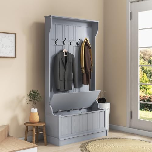 HOMCOM Hall Tree with Bench and Shoe Storage 3-in-1 Entryway Bench Gray | Coat Rack, 5 Hooks, Flip Top Storage Compartment - color: Grey, size: 38"