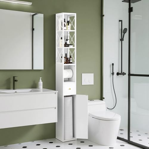 VECELO Tall Narrow Storage Cabinet with X-Frame Metal Design, Slim Freestanding Bathroom Cabinet with Toilet Paper Holder, Magnetic Door & Drawer, for Small Spaces, 7.9" D x 7.9" W x 67" H, White - color: Hollow Top