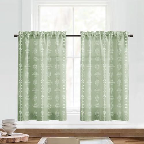 Lino Rosa Bathroom Curtains Window,Boho Sheer Linen Block Print Curtains for Shower Window,Sage Green - color: Sage, size: 24"W x 24"L (Pack of 2)