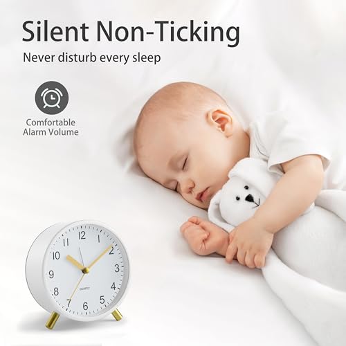 JALL Analog Alarm Clock, 4 inch Super Silent Non Ticking Small Clock with Night Light, Battery Operated, Simple Design, Easy Setting for Office, Bedroom, Bedside, Desk, Teens, Elders, Adult, White - color: White+gold