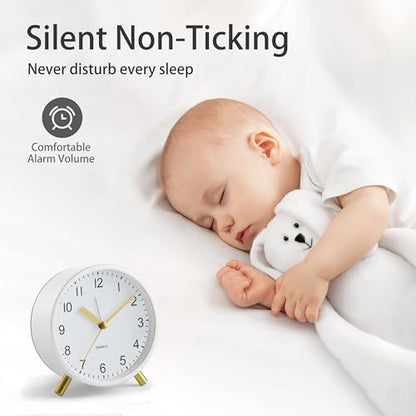 JALL Analog Alarm Clock, 4 inch Super Silent Non Ticking Small Clock with Night Light, Battery Operated, Simple Design, Easy Setting for Office, Bedroom, Bedside, Desk, Teens, Elders, Adult, White - color: White+gold